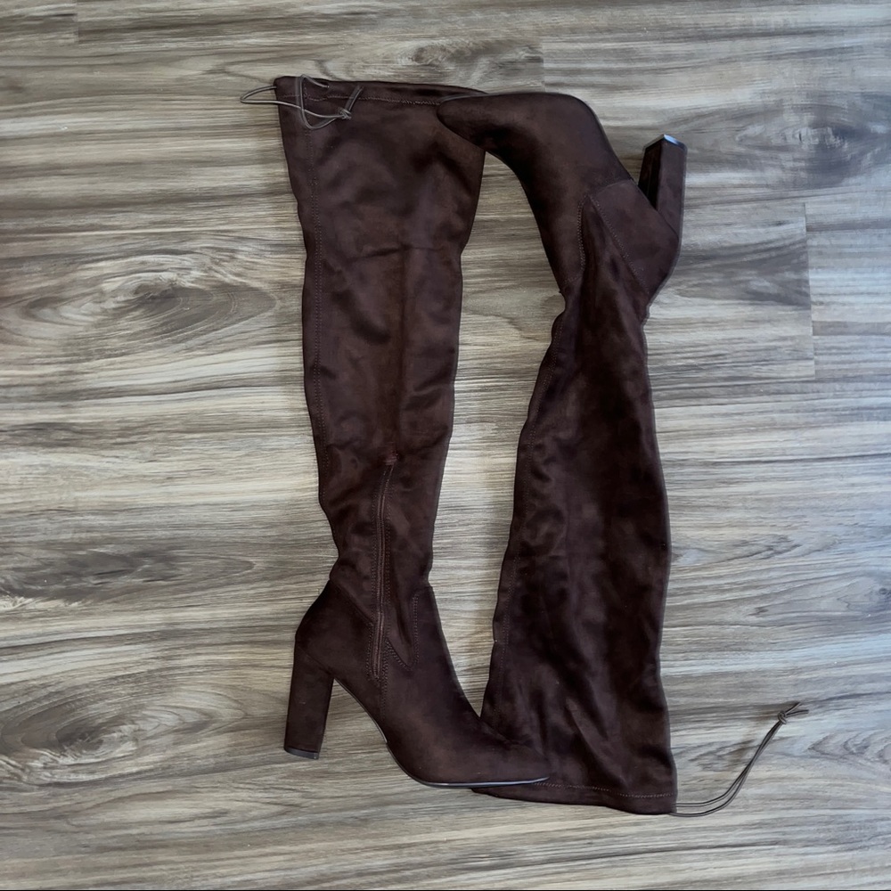Brown Chunky Over the Knee Heeled Boots